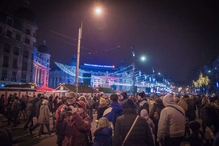 Bucharest, Romania - November 30, 2014: Christmas Market at the University Square, in Bucharest downtown.のeditorial素材