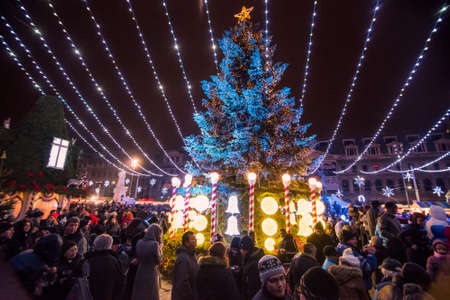 Bucharest, Romania - November 30, 2014: Christmas Market at the University Square, in Bucharest downtown.のeditorial素材