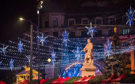 Bucharest, Romania â November 30, 2014: Christmas Market at the University Square, in Bucharest downtown.のeditorial素材