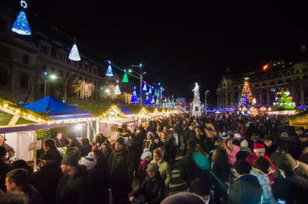 Bucharest, Romania - December 06, 2013: Christmas Market at the University Square, in Bucharest downtown.のeditorial素材