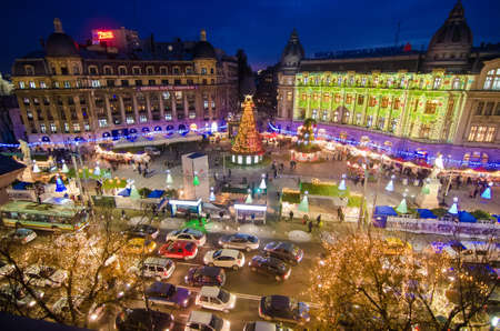 Bucharest, Romania - December 09, 2013: Christmas Market at the University Square, in Bucharest downtown.のeditorial素材