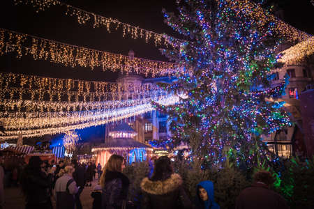 BUCHAREST, ROMANIA - DECEMBER 03, 2015: Christmas market at night in Bucharest downtown, at the University Square.のeditorial素材