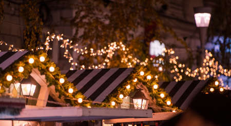 Colorful Christmas decorations and traditional winter housesの写真素材