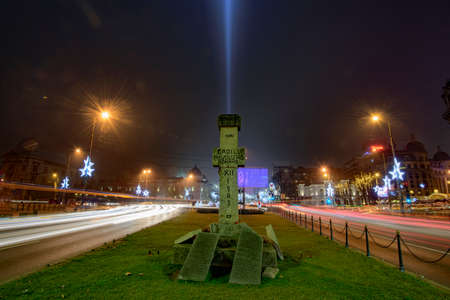 Bucharest, Romania â December 6, 2015: Bucharest nightlife in December with Christmas decorations.のeditorial素材