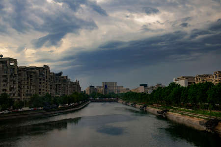 Bucharest skyline with Dimbovita river and Parliament の写真素材