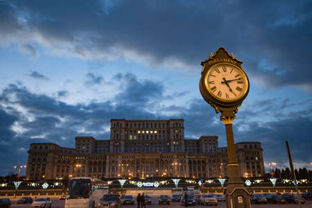 Bucharest, Romania - December 30, 2015 - Panoramic view of Parliament Palace, in Bucharest downtown.のeditorial素材