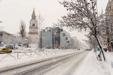 Bucharest, Romania â January 17, 2016: Bucharest downtown after massive snowing that caused traffic chaos much of the traffic in urban Bucharest was jammed.のeditorial素材