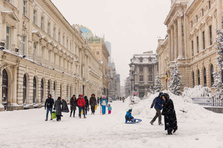 Bucharest, Romania â€“ January 17, 2016: Bucharest downtown after massive snowing that caused...