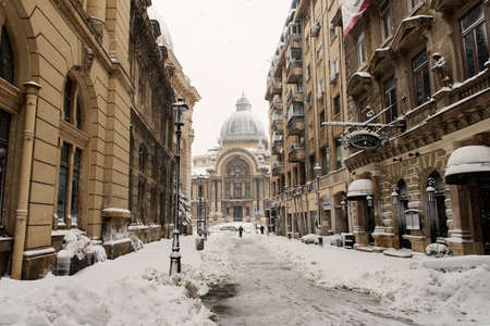Bucharest, Romania â€“ January 17, 2016: Bucharest downtown after massive snowing that caused...