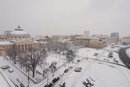 Bucharest, Romania â€“ January 17, 2016: Bucharest downtown after a massive snowing, Romanian...