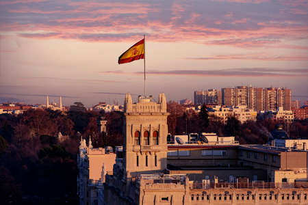 Panoramic aerial view of Madrid, Spain at sunset.