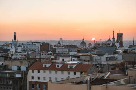 Panoramic aerial view of Madrid, Spain at sunset.の写真素材