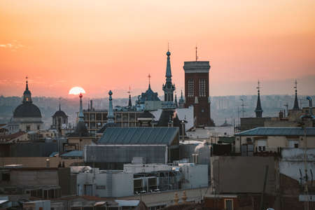 Panoramic aerial view of Madrid, Spain at sunset.