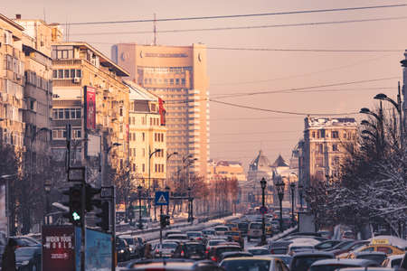 Bucharest, Romania â January 20, 2016: Bucharest center in a frozen morning.のeditorial素材