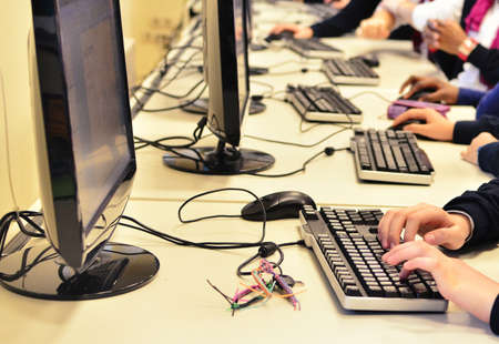 Children at the computer class, detail image.