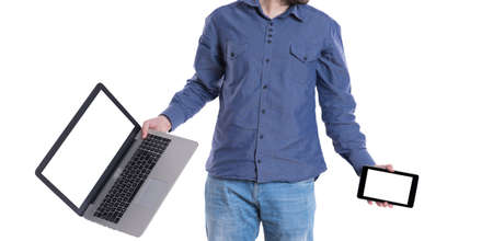Man with a laptop and a tabletの写真素材