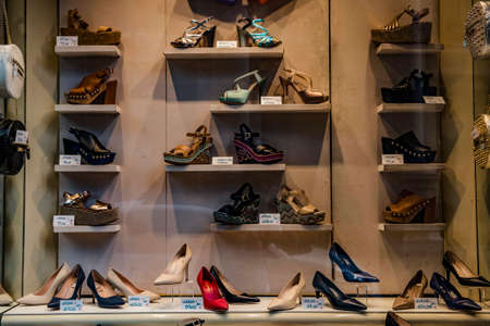 October 9, 2016 - Rome, Italy: Shoes and handbags in a boutique display in Rome city center.のeditorial素材