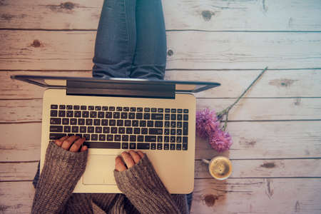 Home office concept: girl working at homeの写真素材