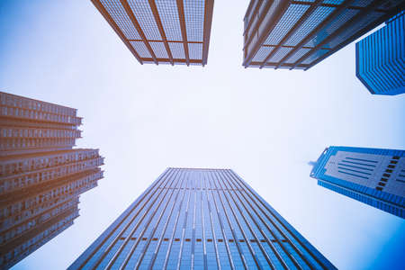 Skyscrapers in cool tones in a business district