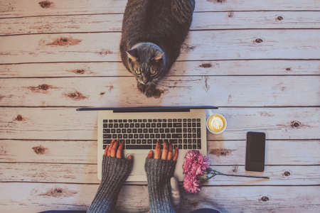 Girl with a cat working at home.