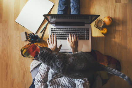 Creative space - Girl with her cat working from home.