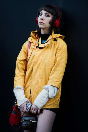 London, England â February 17, 2017: Girl wearing a fashionable outfit outside the location of London Fashion Week.のeditorial素材