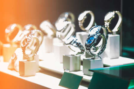 Men watches in a showcase of a luxury store in London.