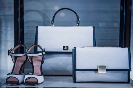 Woman handbag and shoes in a fashion boutique.の写真素材