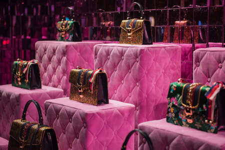 Paris, France - May 6, 2017: Guci luxury purses in a store in Paris.のeditorial素材