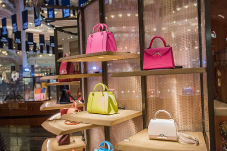 Paris, France - May 8, 2017: Luxury purses in a fancy department store in Lafayette Galleries in Paris.のeditorial素材