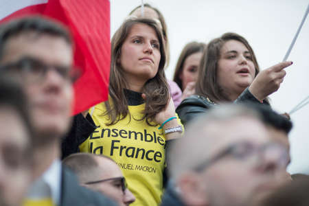 Paris, France - May 7, 2017: Crowds celebrate Macron's victory at the Louvre Museum after presidential elections.のeditorial素材