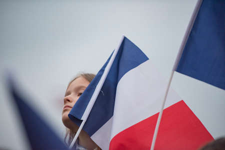 Paris, France - Crowds celebrate Macron's victory at the Louvre Museum after presidential elections.のeditorial素材