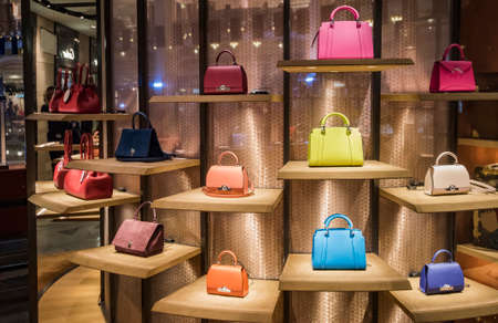 Paris, France - May 8, 2017: Luxury purses in a fancy department store in Lafayette Galleries in Paris.のeditorial素材