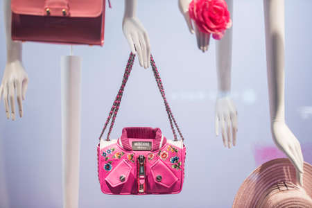 Paris, France - May 6, 2017: Moschino handbags in a luxury store in Paris.のeditorial素材