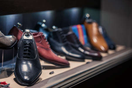 Men shoes in a luxury shop in Parisの写真素材