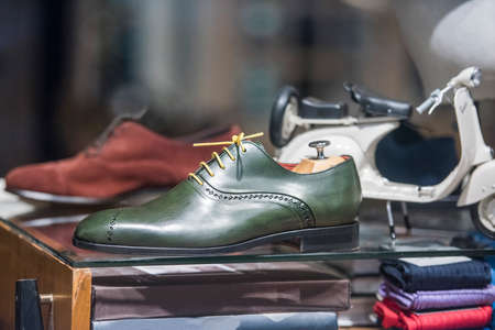 Elegant men shoes in a store in Parisの写真素材