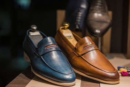 Men shoes in a luxury shop in Parisの写真素材
