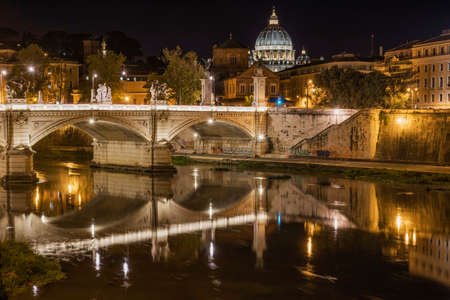 Night view at St. Peter's cathedral in Rome, Italyの写真素材