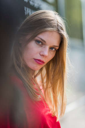 Milan, Italy - September 22, 2017: Fashion model posing outside a fashion show during Milan Fashion Week - street style concept.のeditorial素材