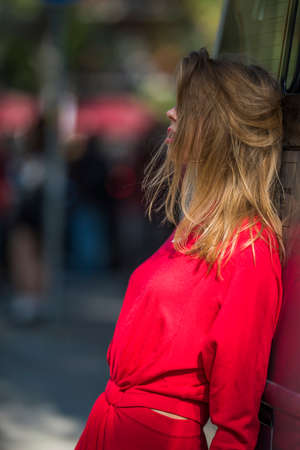 Milan, Italy - September 22, 2017: Fashion model posing outside a fashion show during Milan Fashion Week - street style concept.のeditorial素材