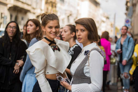 Milan, Italy - September 24, 2017: Fashion models posing during Milan Fashion Week.のeditorial素材