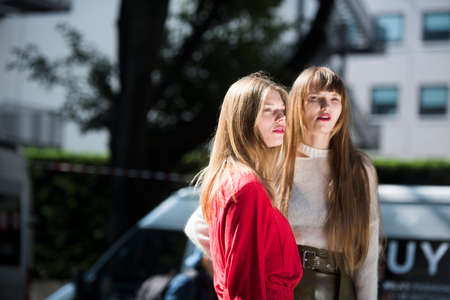 Milan, Italy - September 21, 2017: Fashion people during Milan Fashion Week.のeditorial素材