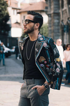 Milan, Italy- September 23, 2017: Fashion men during Milan Fashion Week - street style concept.のeditorial素材