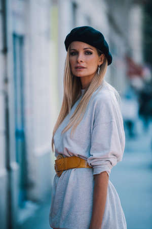 Milan ,Italy- September 24, 2017: Fashion girl posing during Milan Fashion Week - street style concept.のeditorial素材
