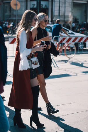 Milan, Italy - September 24, 2017: Woman on the street during the Milan Fashion Week.のeditorial素材