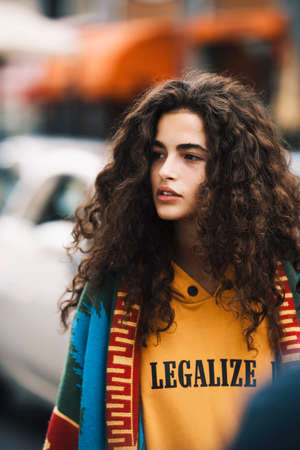 Milan, Italy - September 23, 2017: Fashion girl posing on the street during Milan Fashion Week.のeditorial素材