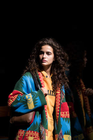 Milan, Italy - September 23, 2017: Fashion girl posing on the street during Milan Fashion Week.のeditorial素材