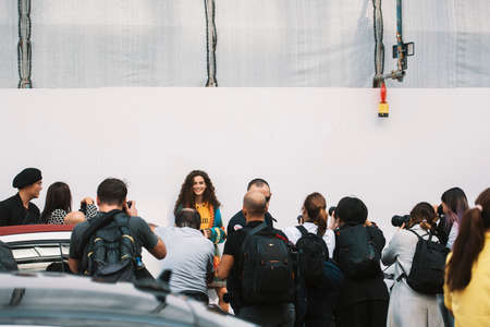Milan, Italy - September 23, 2017: Photographers and celebrities during Milan Fashion Week.のeditorial素材