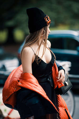 Milan, Italy - September 22, 2017: Xenia Tchoumi, a Russian-Swiss model, actress, blogger and entrepreneur on the street during the Milan Fashion Week.のeditorial素材