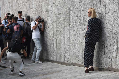 September 20, 2018: Milan, Italy -  Street style outfit during Milan Fashion Week - MFWSS19のeditorial素材